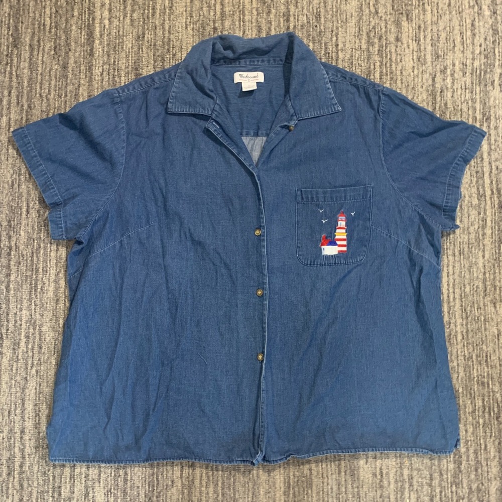 Vintage Westbound Denim Shirt Lighthouse Embroidered Pocket Short Sleeve 2X‎